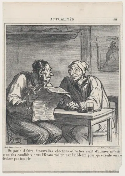 –They're talking about new elections. –Before I vote for a candidate, I want him to be examined by a doctor to make sure he is not declared invalid again, from 'News of the day,' published in Le Charivari, September 27, 1869