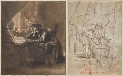 An Old Man Seated at a Table, His Head Resting on His Right Hand (recto); The Healing of Tobit (verso)