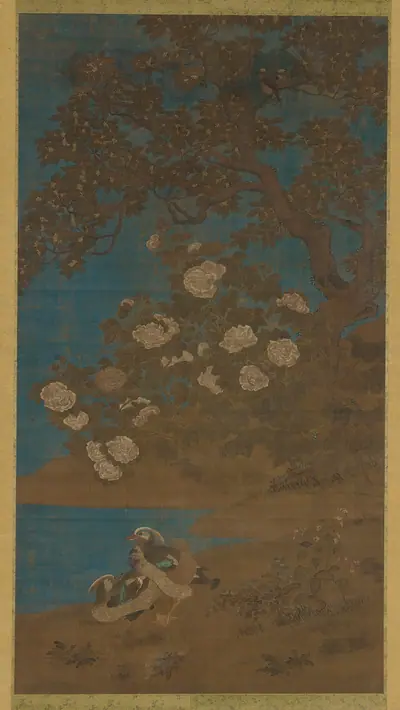 Mandarin ducks and flowers