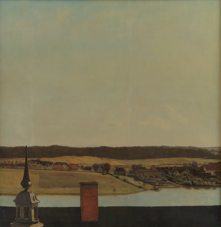 Tagryggen over Frederiksborg Slot med udsigt over sø, by og skov by Christen Købke