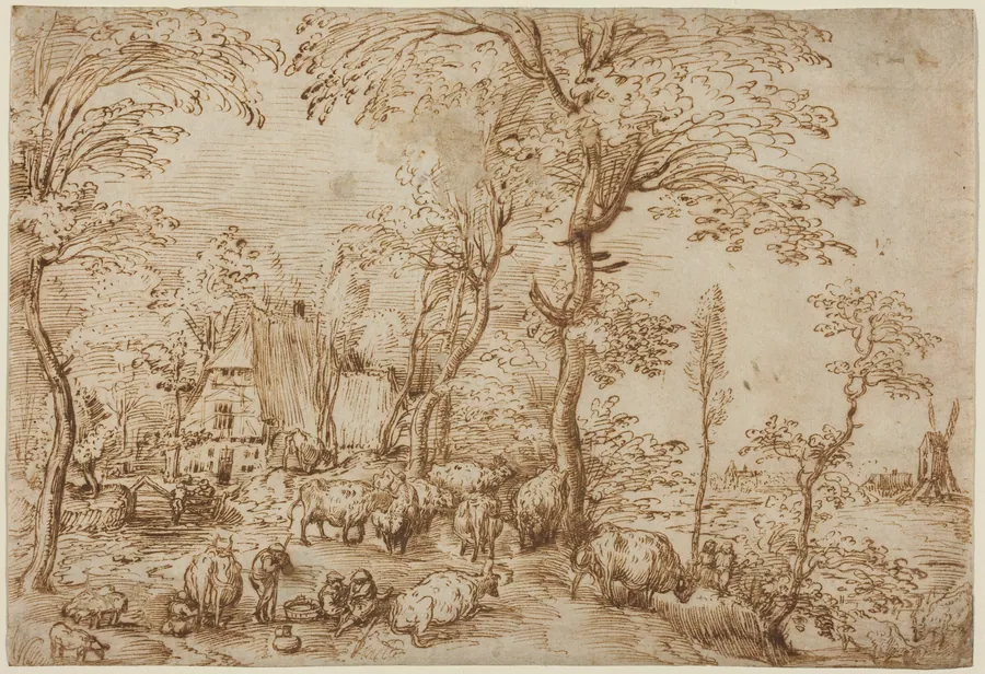Peasants and Cattle near a Farmhouse by Pieter Bruegel the Elder
