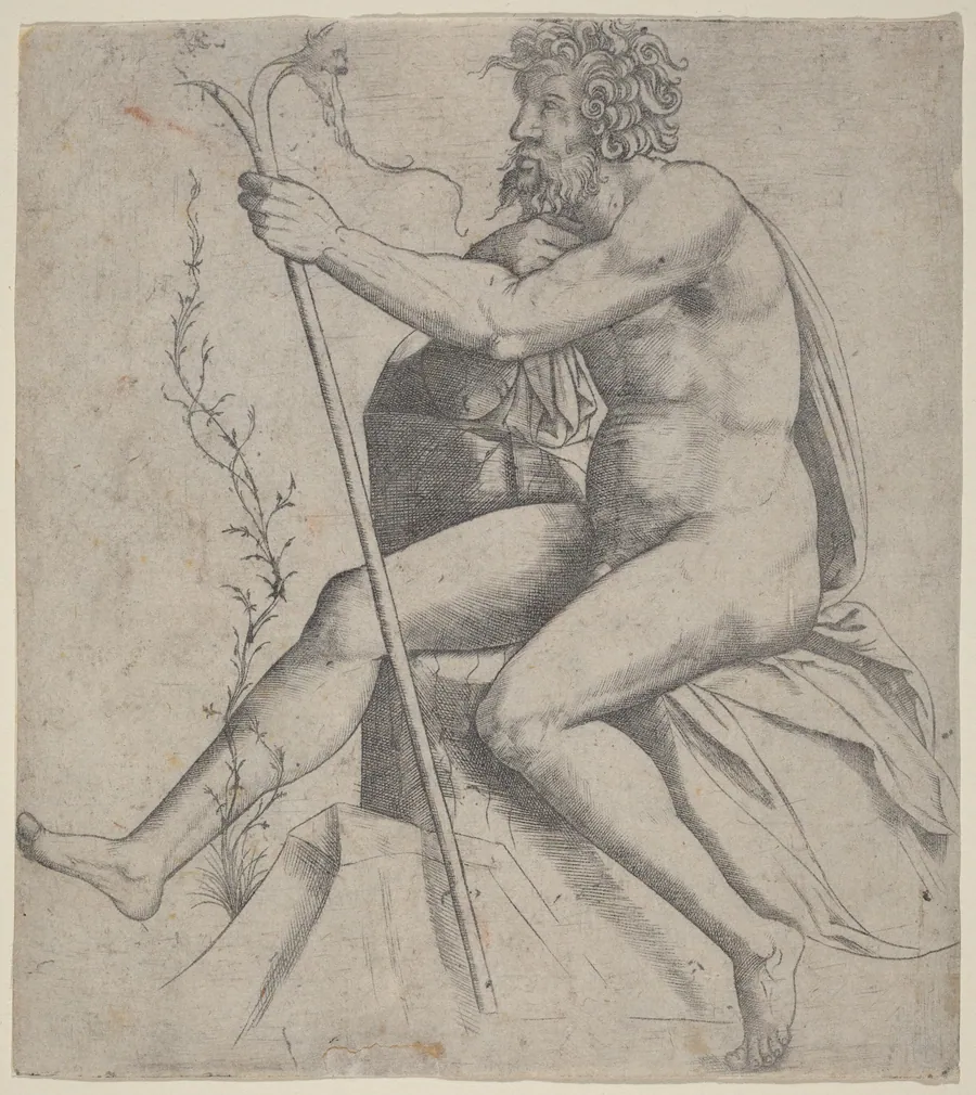 Man Seated Holding a Forked Staff by Giovanni Antonio da Brescia