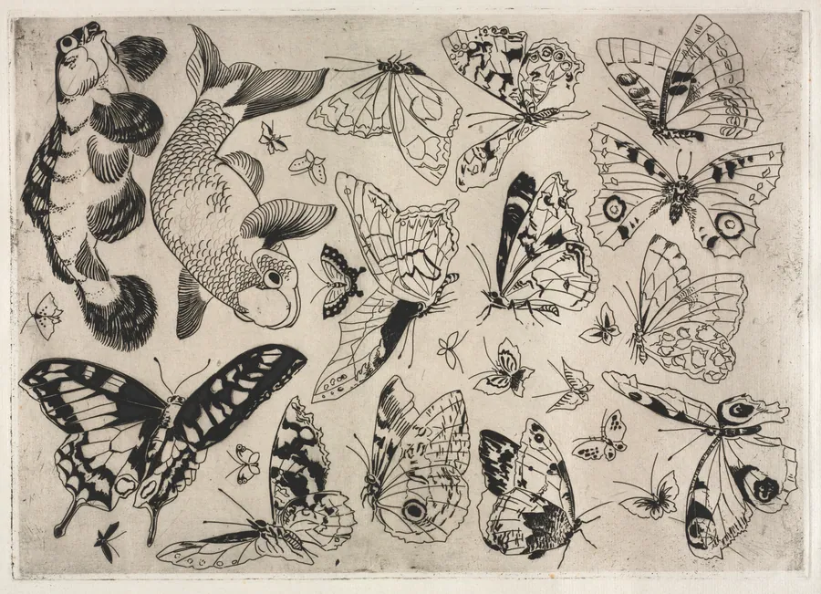 Dinner Service (Rousseau service): Butterflies and Fish (no. 16) by Félix Bracquemond
