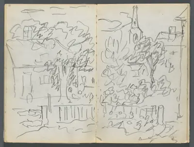 Sketchbook, The Dells, N° 127, page 084 & 85: Landscape with Houses and Spire