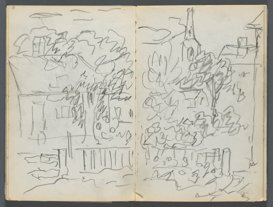 Sketchbook, The Dells, N° 127, page 084 & 85: Landscape with Houses and Spire by Maurice Prendergast