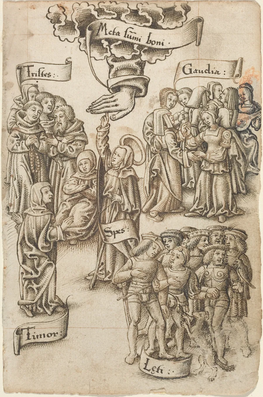 Hope, Reaching for Heaven, Stands among Sad and Happy Men, Joys, and Fear [fol. 19 recto] by French early 16th Century