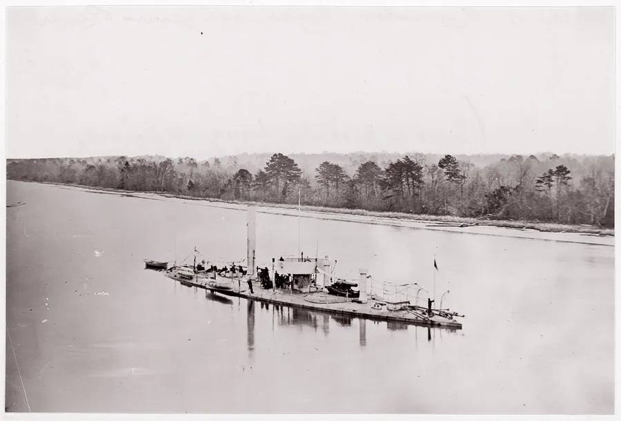 U.S. Monitor "Casco" on James River, taken from a lookout tower on bank. by Mathew B. Brady