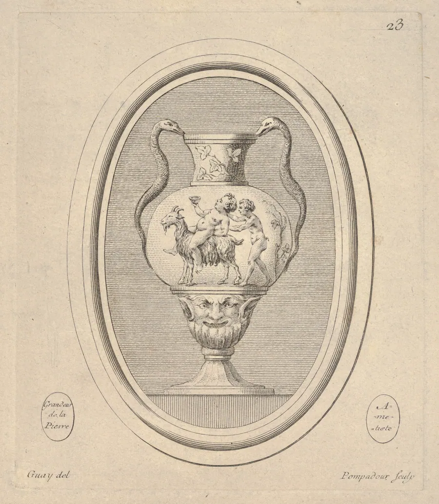Vase with mask, a nude cup-bearing figure riding a goat followed by a satyr, and reptile handles, an oval composition by Jacques Guay