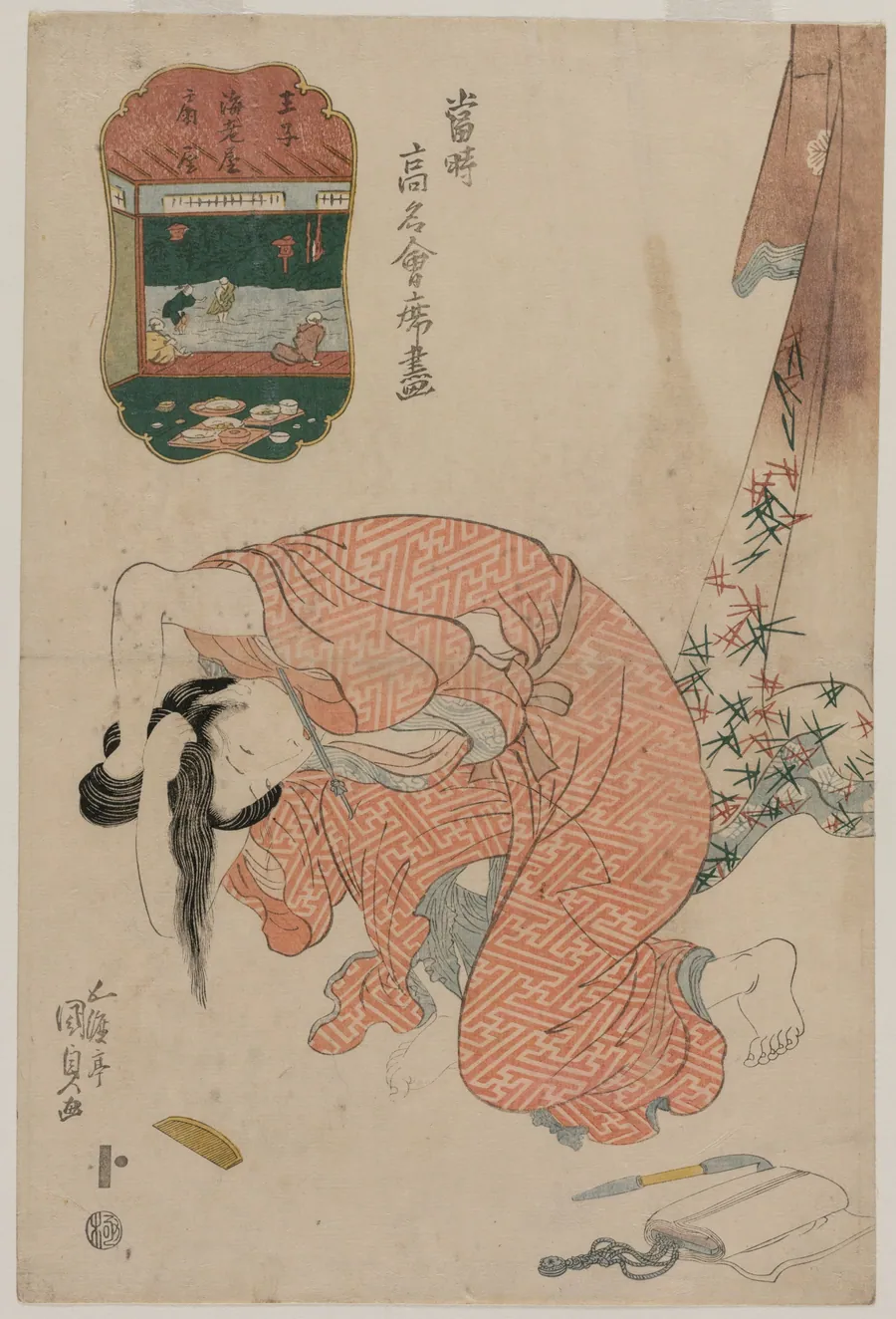 Woman Tying Her Hair (from the series Famous Restaurants of the Present Day) by Utagawa Kunisada