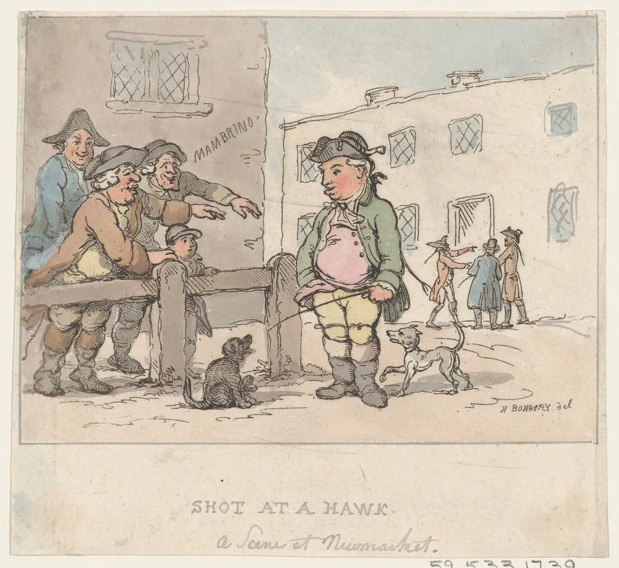 A Scene at Newmarket: A Shot at a Hawk [Pigeon] by Thomas Rowlandson