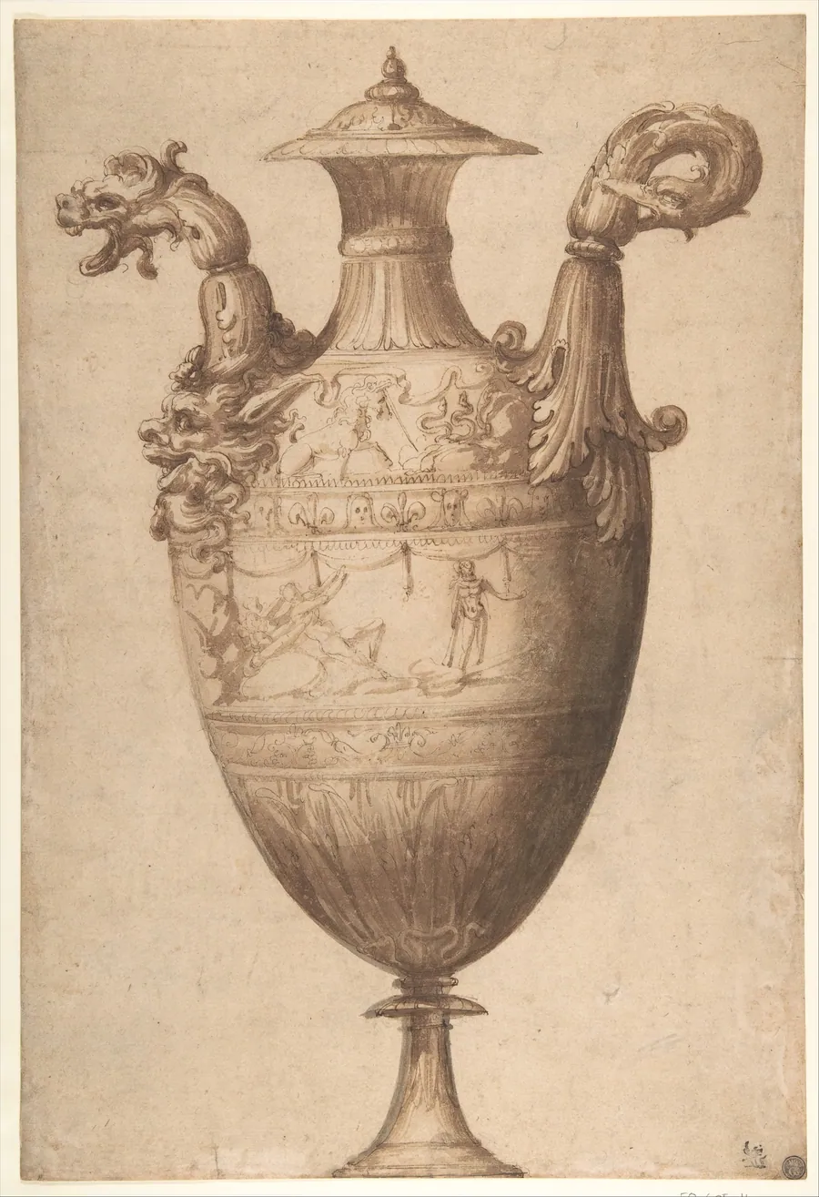 Design for a Vase with Hercules and Farnese Lilies by Francesco Salviati (Francesco de' Rossi)