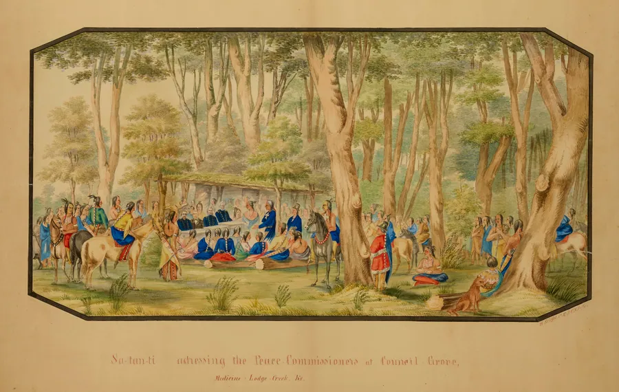 Sa-tan-ti Addressing the Peace Commissioners at Council Grove, Medicine Lodge Creek by Hermann Stieffel, born Wiesbaden, Germany 1826-died Washington, DC 1886