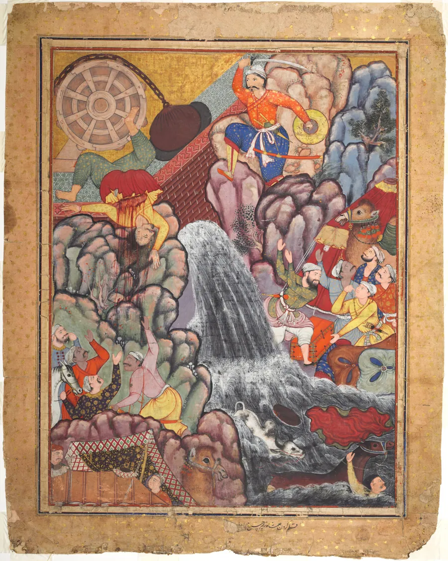 Alamshah cleaving asunder the chain of the wheel, from volume 11 of a Hamza-nama (Adventures of Hamza)