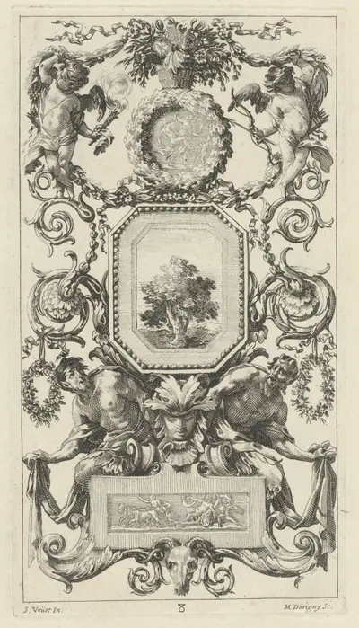 Ornamental Panel Surmounted by a Basket of Flowers with Cupid and Hymen