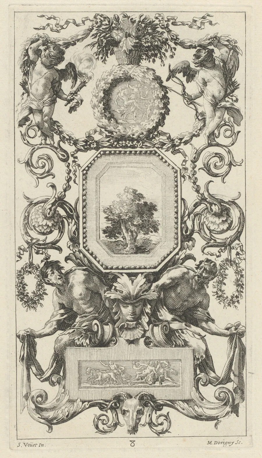 Ornamental Panel Surmounted by a Basket of Flowers with Cupid and Hymen by Michel Dorigny
