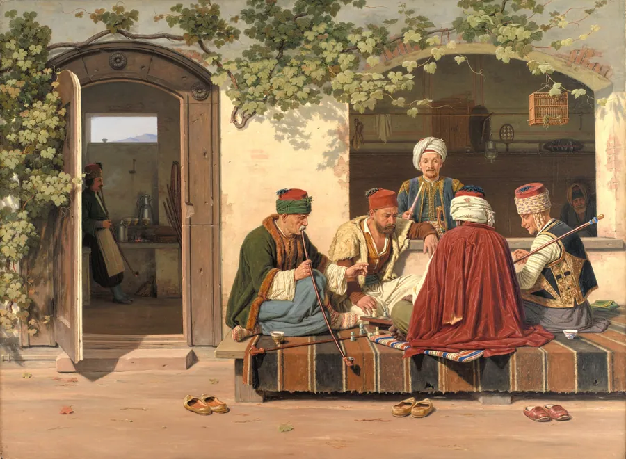 Orientalere ved et parti skak uden for et tyrkisk kaffehus og barberstue by Martinus Rørbye