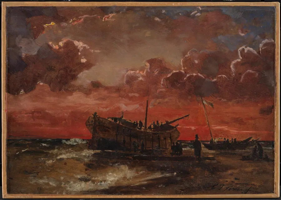 Et vrag på Jyllands vestkyst ved solnedgang by C.F. Sørensen