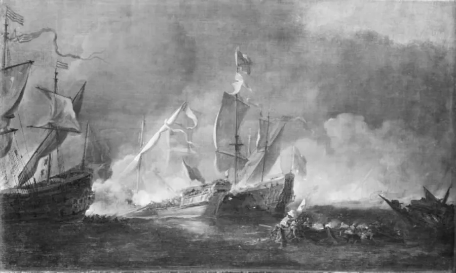 En tyrkisk galej i kamp med to engelske krigsskibe by Willem II van de Velde