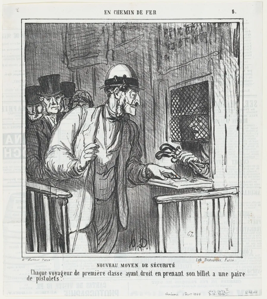 New security measures, from 'On the train,' published in Le Charivari, September 1, 1864 by Honoré Daumier