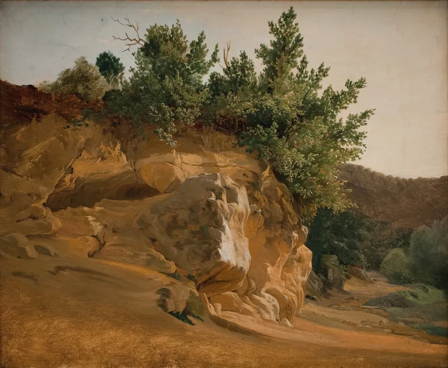Italiensk bjerglandskab med tilgroede klipper. Formodentlig i nærheden af Olevano by Fritz Petzholdt