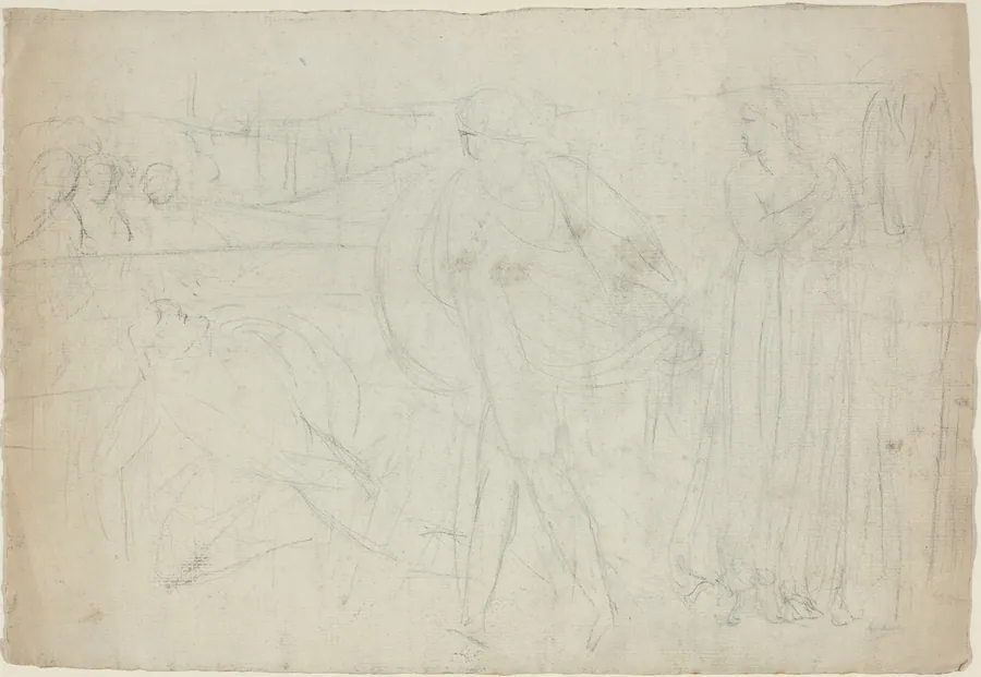 Sketch of a Swordsman Standing Over His Defeated Opponent [recto] by William Blake