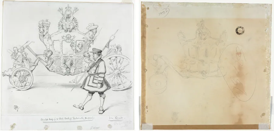 The Stagecoach for Parliamentary Purposes (recto) Study for Cab and Front Left Wheel of Coach and Study for Head of Crowned Figure Seated on Top of Coach (verso) by Edward Tennyson Reed