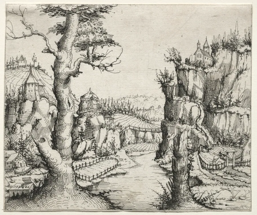 River Landscape with Rocks at Left and Right by Augustin Hirschvogel