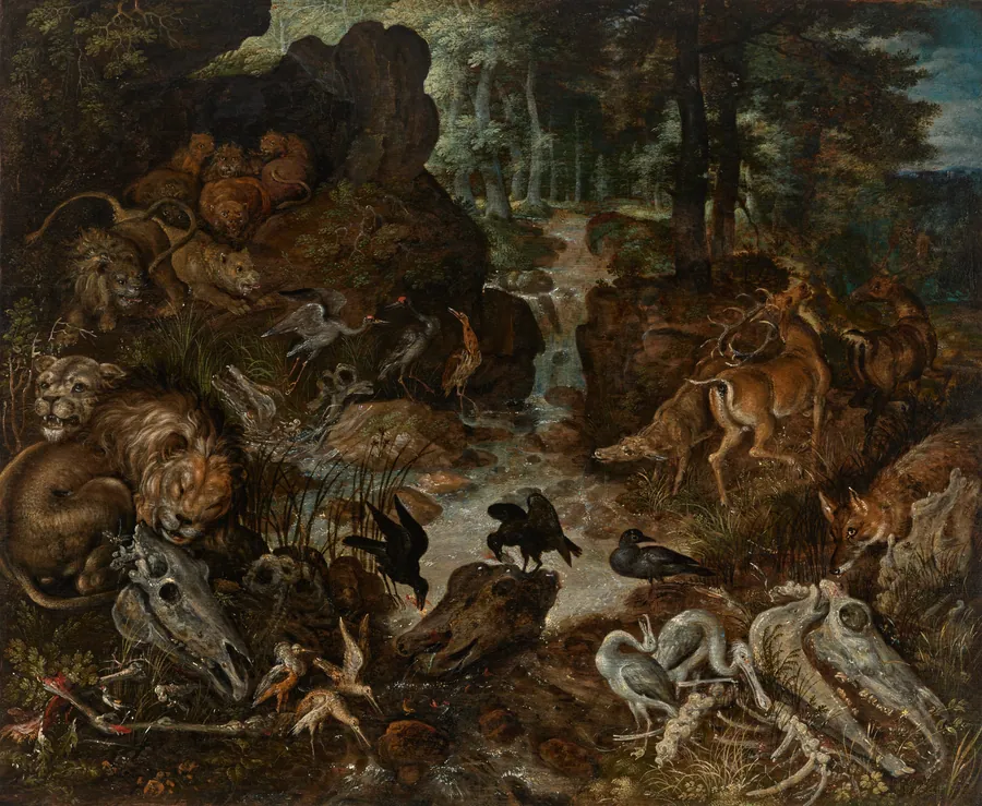 Lions and Fox in a Rugged Landscape by Roelant Savery