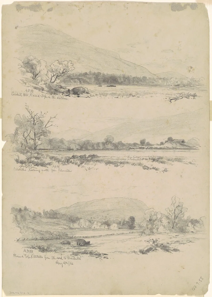 Catskill Mountains, Round-Top in the Distance; Catskills Looking North from Palenville; and Round Top, Catskills, from the Road to Bracketts [verso] by Andrew Fisher Bunner