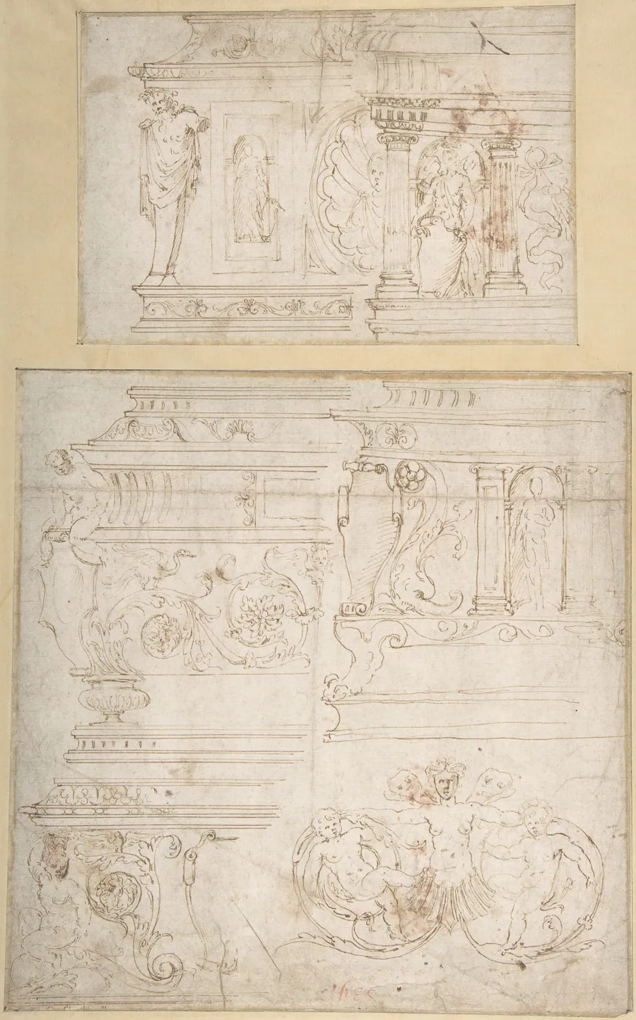 Sketches for the Design of a Casket (recto); Battle of the Centaurs and Lapiths(?) (verso) by Girolamo da Carpi (Girolamo Sellari)
