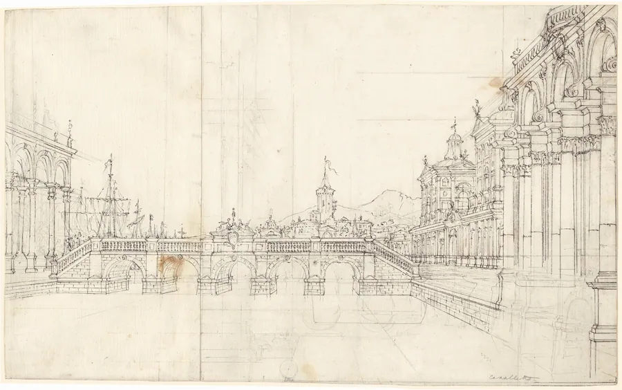 A Capriccio of Palaces and a Loggia Facing a Classical Bridge by Bernardo Bellotto