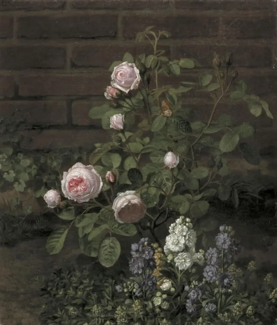 Et mosrosetræ omgivet af sommerblomster by O.D. Ottesen
