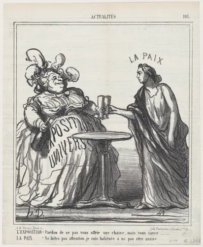 The world fair: Pardon me for not offering you a chair, but you know... Peace: Don't worry, I am not used to being seated, from 'News of the day,' published in Le Charivari, September 16, 1867