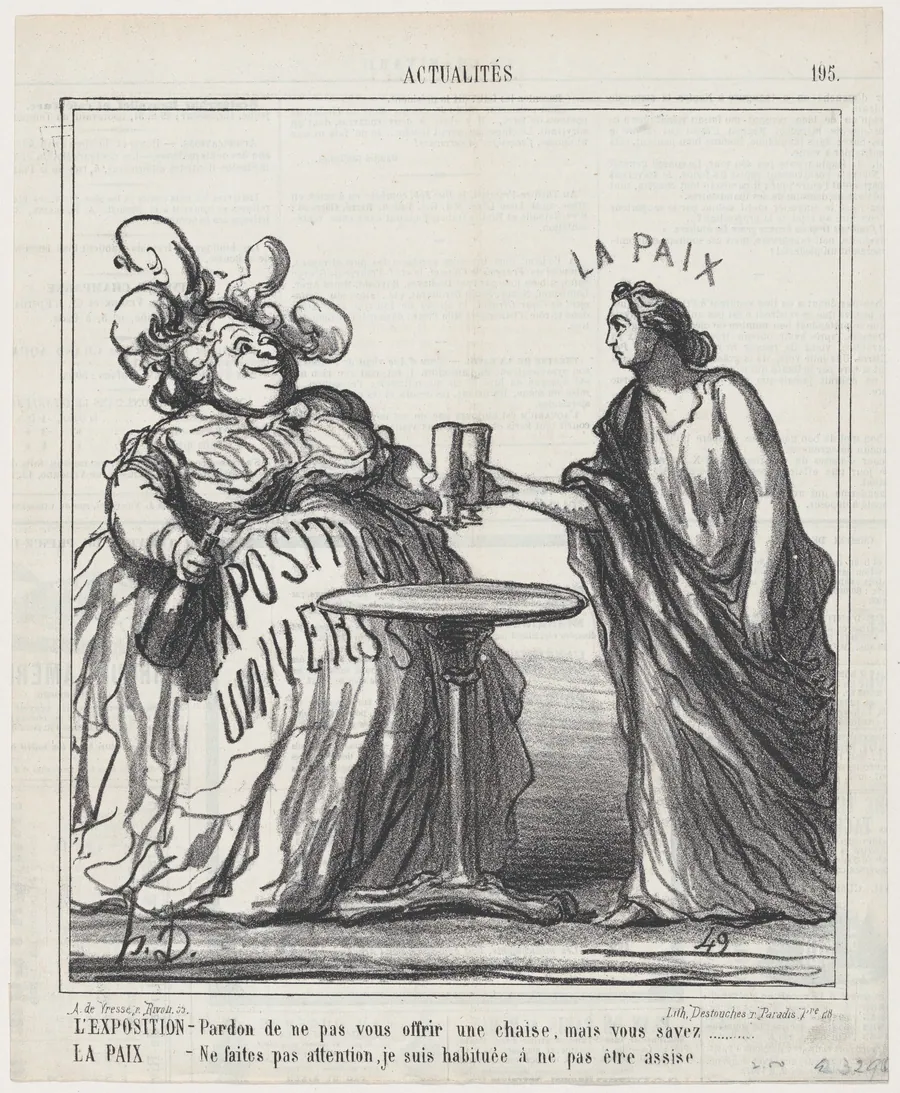 The world fair: Pardon me for not offering you a chair, but you know... Peace: Don't worry, I am not used to being seated, from 'News of the day,' published in Le Charivari, September 16, 1867 by Arnaud de Vresse