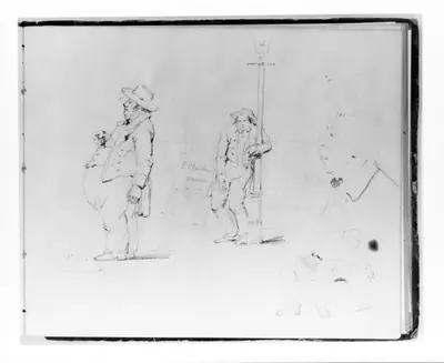 Four Figure Studies: Profile of a Rotund Man; Man Leaning on Lamp Post; Profile of a Man (from Sketchbook)
