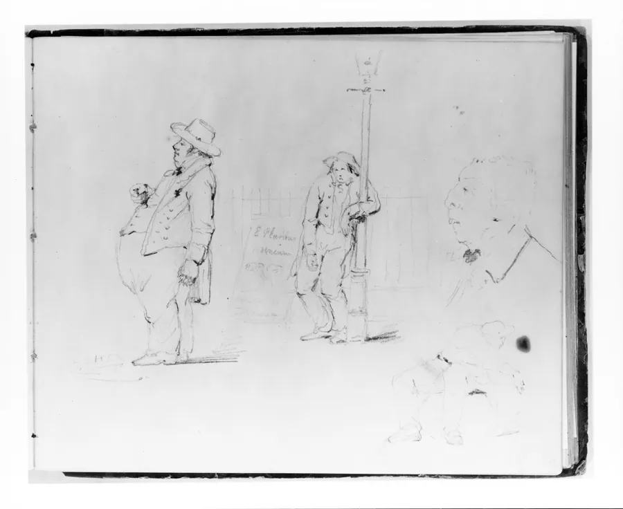 Four Figure Studies: Profile of a Rotund Man; Man Leaning on Lamp Post; Profile of a Man (from Sketchbook) by Francis William Edmonds