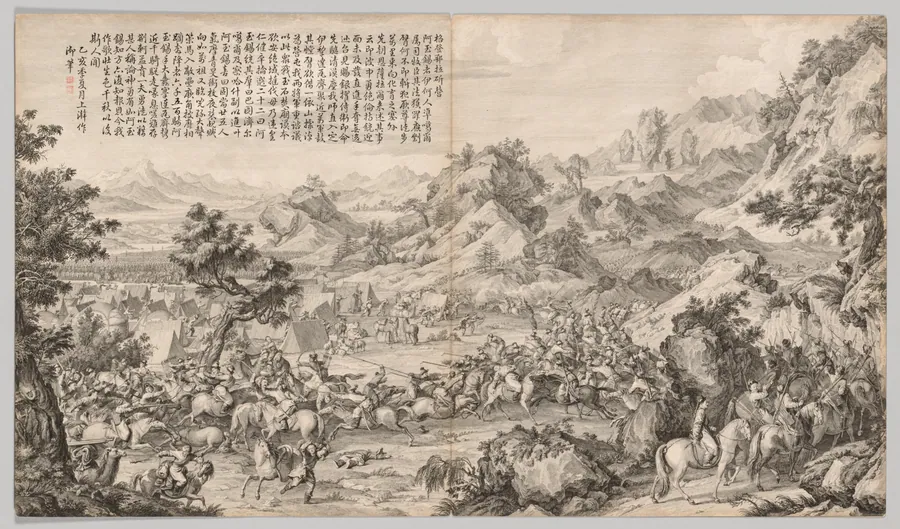 Attacking the Camp at Gatan Ola: from Battle Scenes of the Quelling of Rebellions in the Western Region, with Imperial Poems by Giuseppe Castiglione