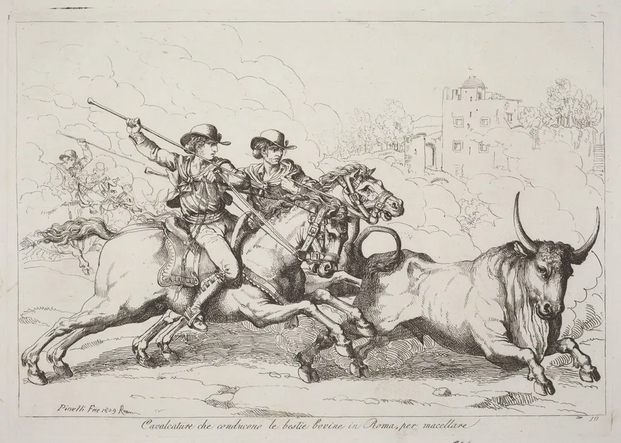 Cavalcature che conducono le bestie bovine in Roma, per macellare (Cattle Driven to the Slaughter in Rome) (Plate 16) by Bartolomeo Pinelli