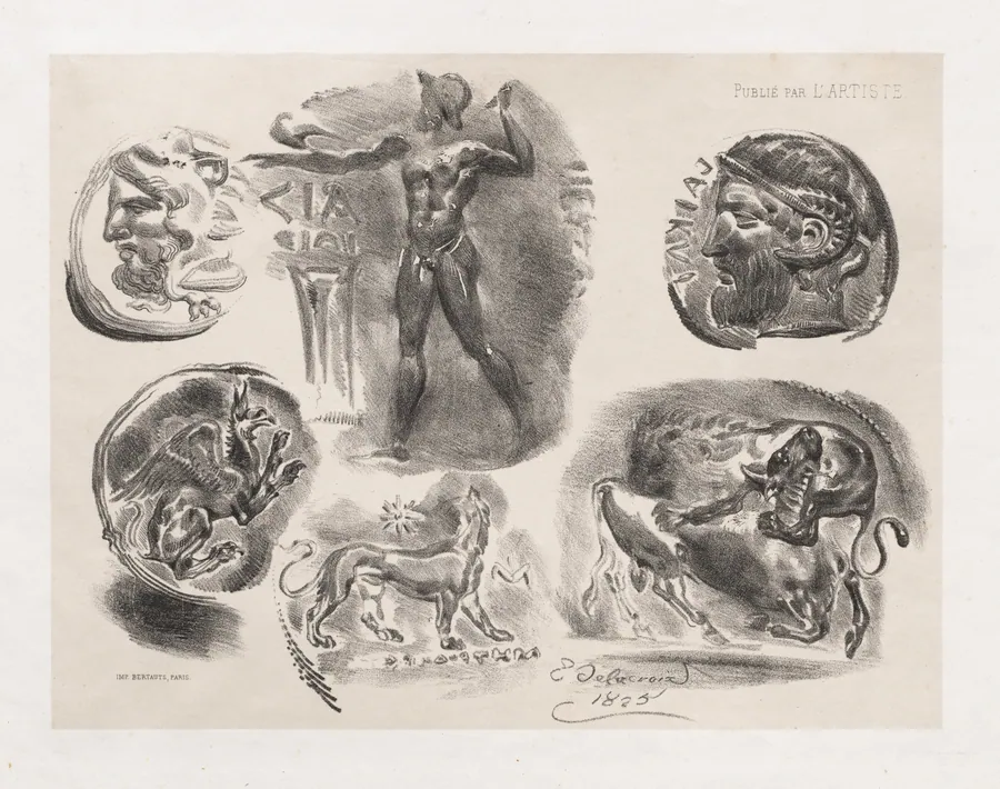 Sheet of Six Antique Coins by Eugène Delacroix
