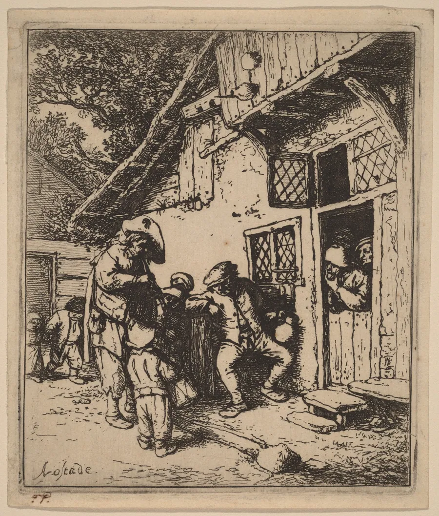 Peasants Outside an Inn Entertained by Musicians with a Flute and a Drum by Adriaen van Ostade
