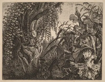A Thicket; a Gnarled Willow Tree at Left, a Thicket of Vegetation at Right