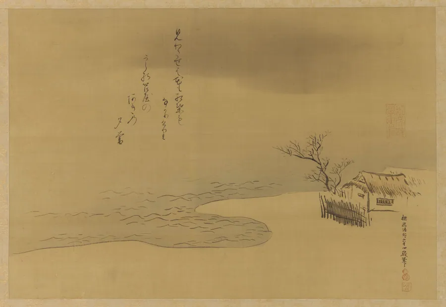Thatched huts along a shoreline from the <em>Three Dusks</em> by Kano Tan'yu 狩野探幽 (1602-1674)