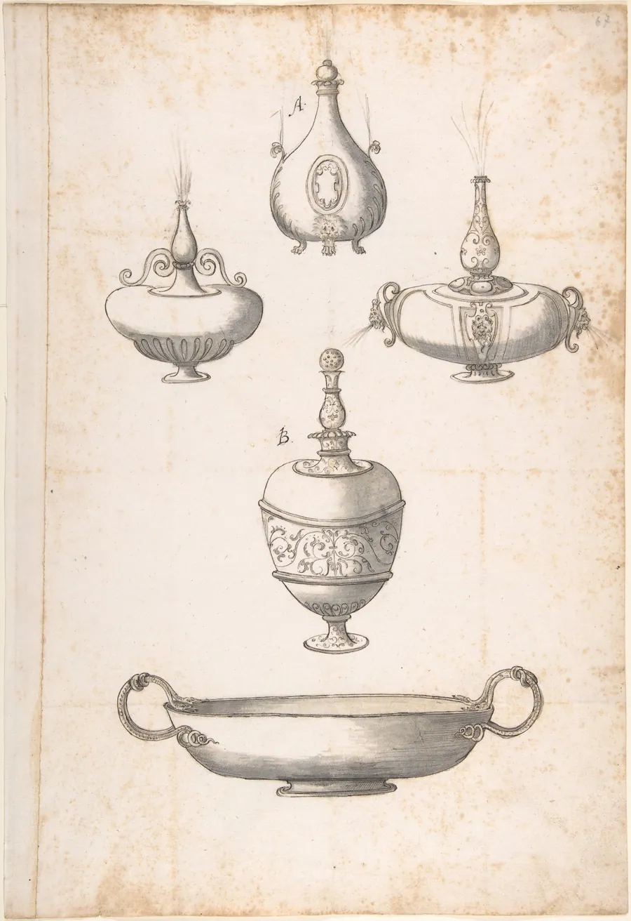 Design for Shallow Two Handled Dish and Four Perfume Bottles by Erasmus Hornick