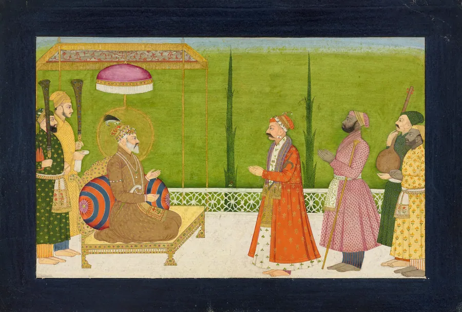 The poet Sundar Das before Emperor Shah Jahan, folio from a <em>Sundar Shringar</em> by Attributed to Nainsukh (active ca. 1710-1778)