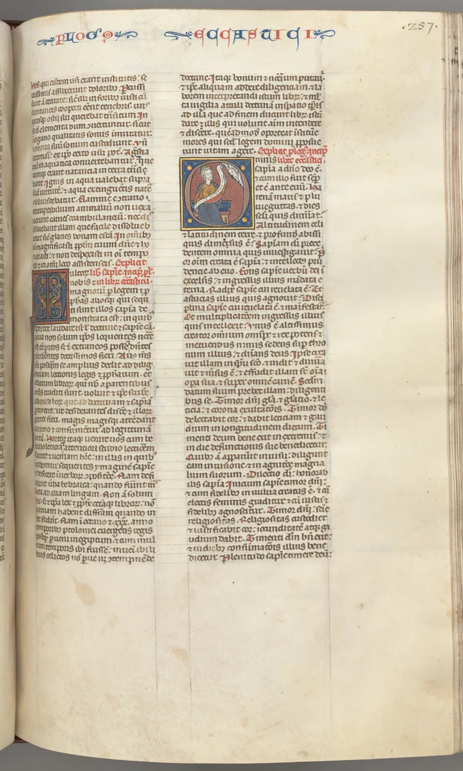 Fol. 257r, Ecclesiasticus, historiated initial O, Sirach seated with a scroll, bust of God above