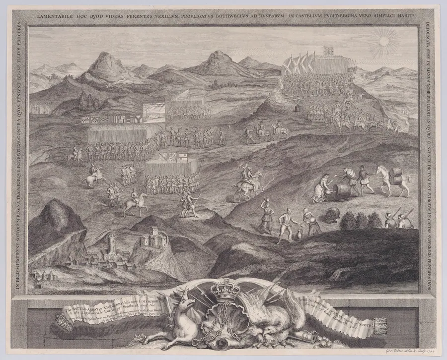 The Battle-Array of Carberry-hill near Edinburgh with the Surrender of Mary Queen of Scots to the Confederate Lords of Scotland, and the Escape of Earl Bothwell by Mary, Queen of Scots