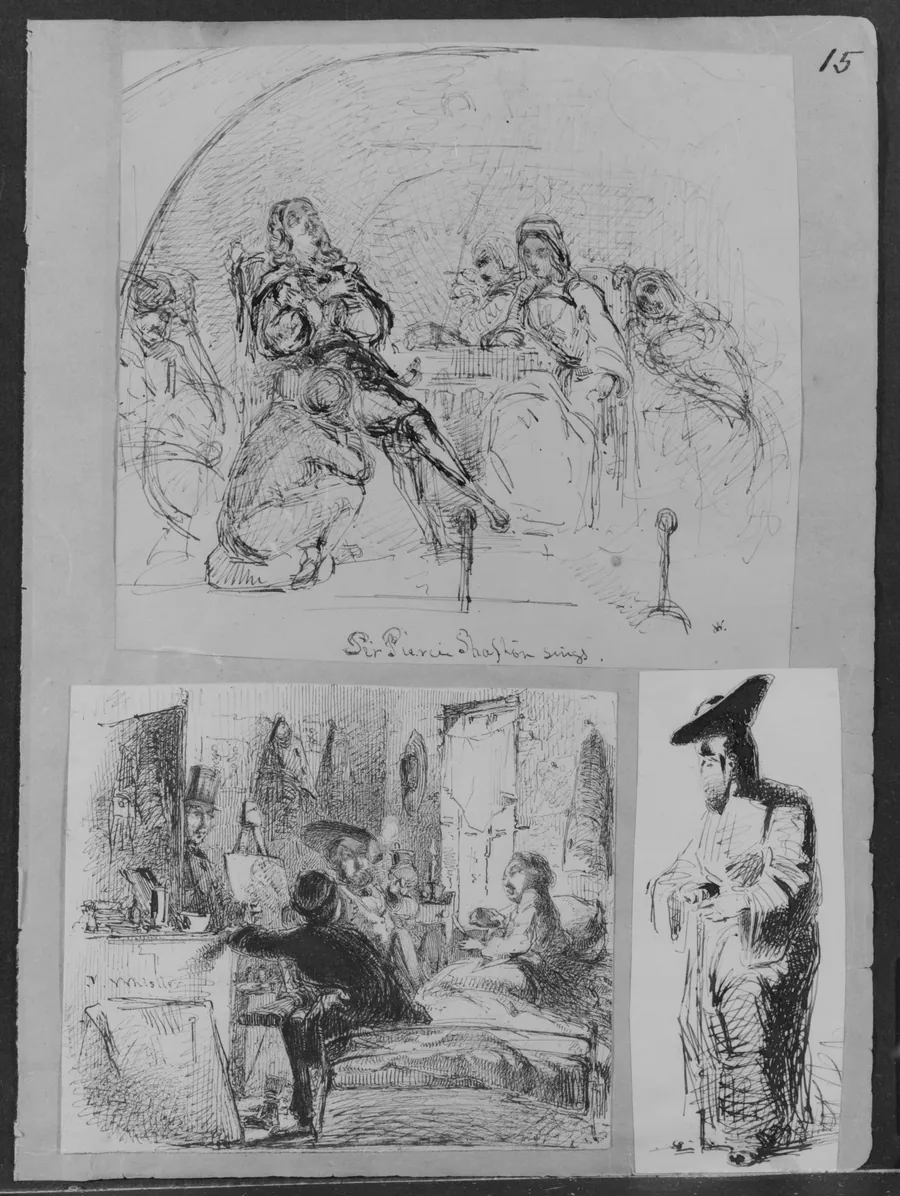 Sir Piercie Shafton Sings (from Sir Walter Scott's "The Monastery") (Recto); Sketch of Female Figure (Verso) (from Sketchbook) by James McNeill Whistler