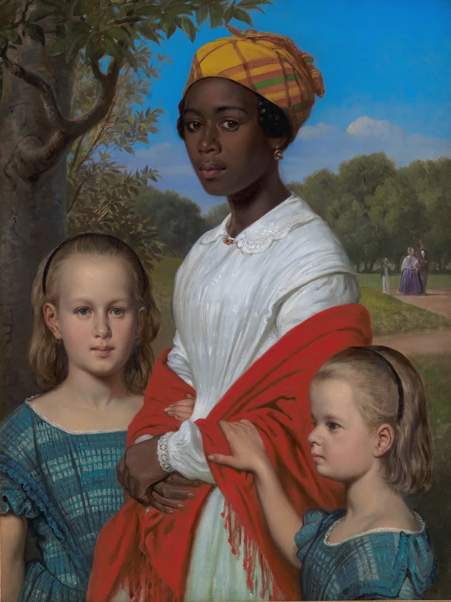 Portræt af Otto Marstrands to døtre og deres vestindiske barnepige, Justina Antoine, i Frederiksberg Have by Wilhelm Marstrand