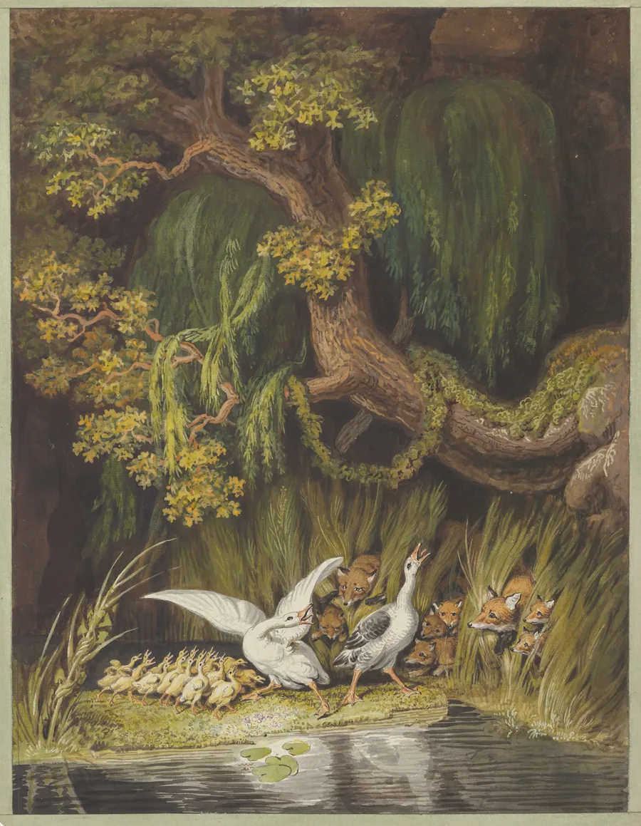A Goose and a Gander with their Goslings Honking in Alarm as Two Foxes with their Cubs Emerge from the Rushes by Johann Heinrich Wilhelm Tischbein