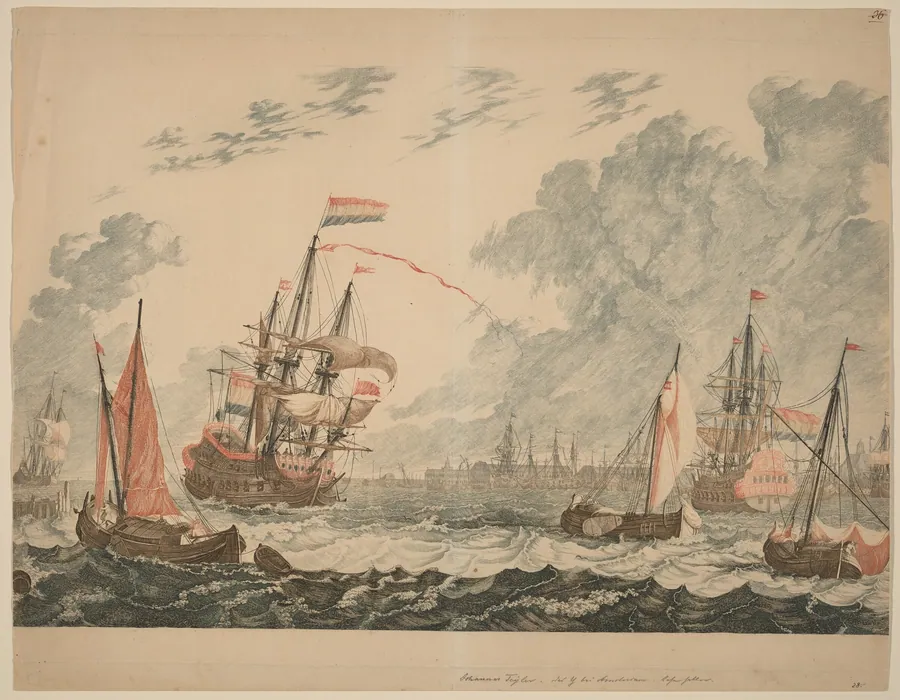 Amsterdam, Ships at the IJ on Choppy Water by Johann Teyler